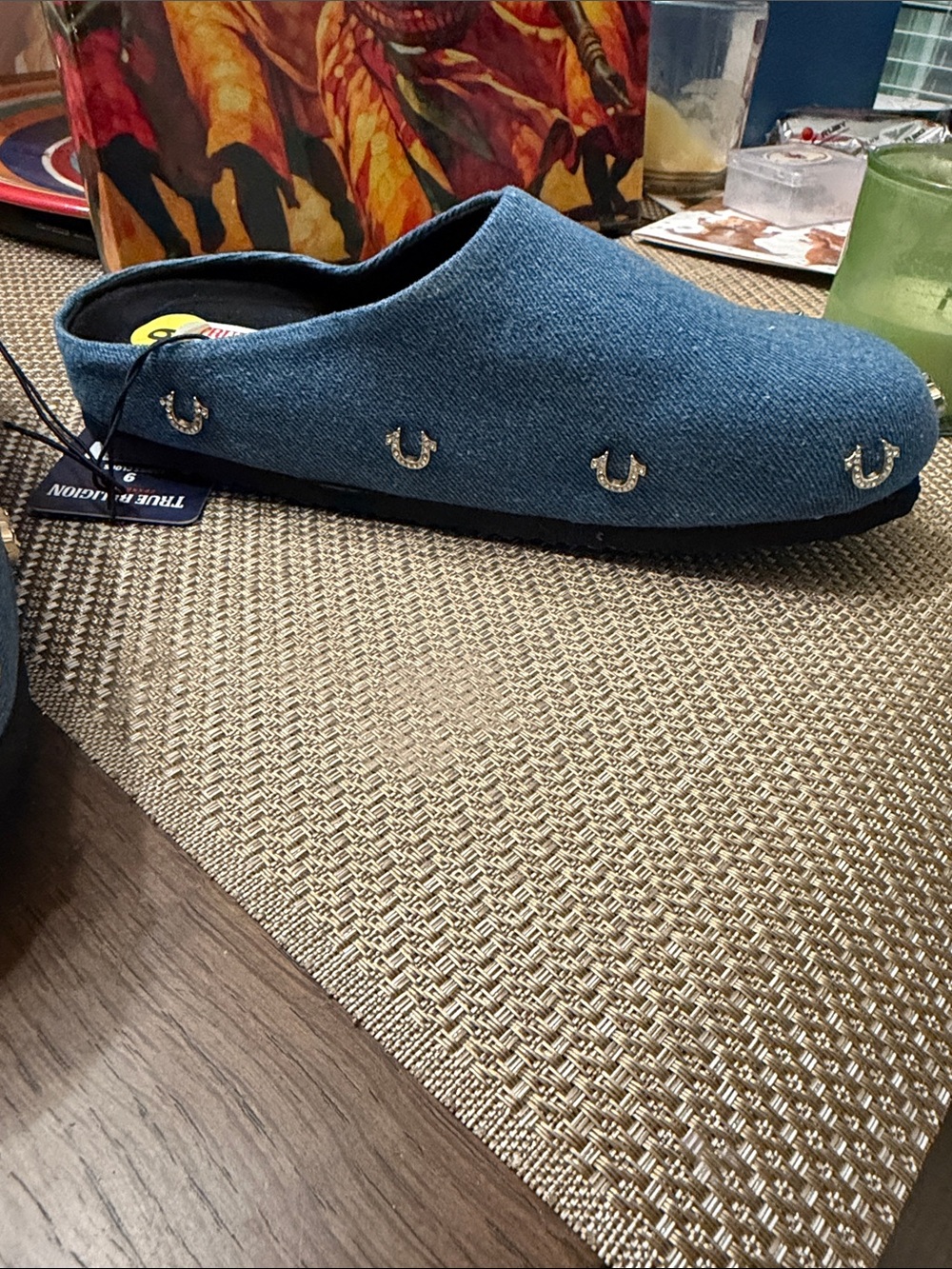 True Religion Denim Blue Slip-On Mules with Horseshoe Studs - Picture 10 of 17